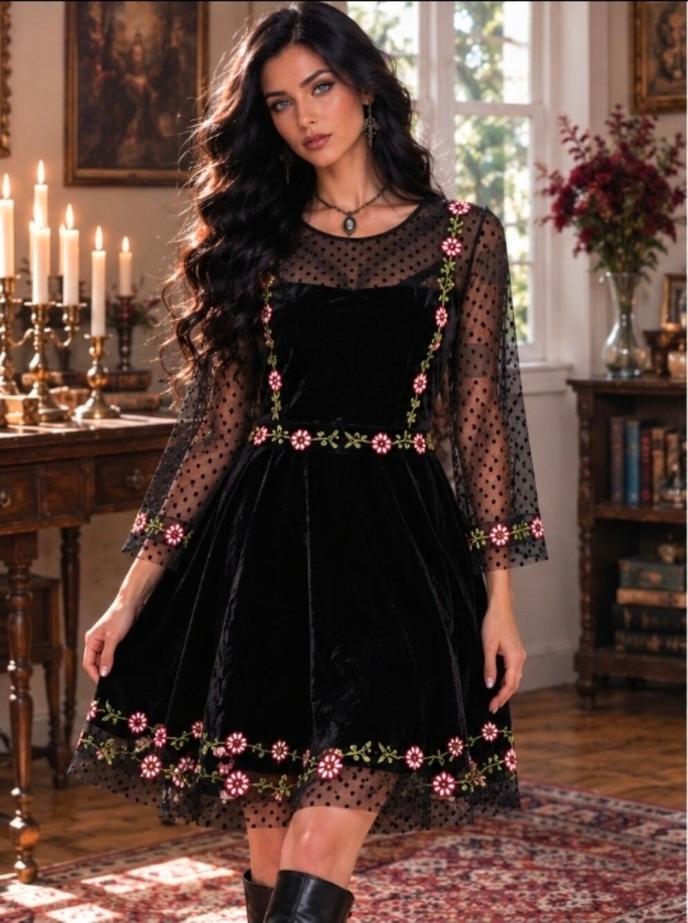 #263 NWT MSRP $65 NY COLLECTION PETITE VELVET EMBROIDERED DRESS ♡SIZE PM♡